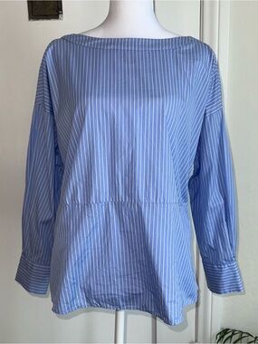 Harshman for Anthropologie Button-Back Blouse Blue & White Striped Small Petite